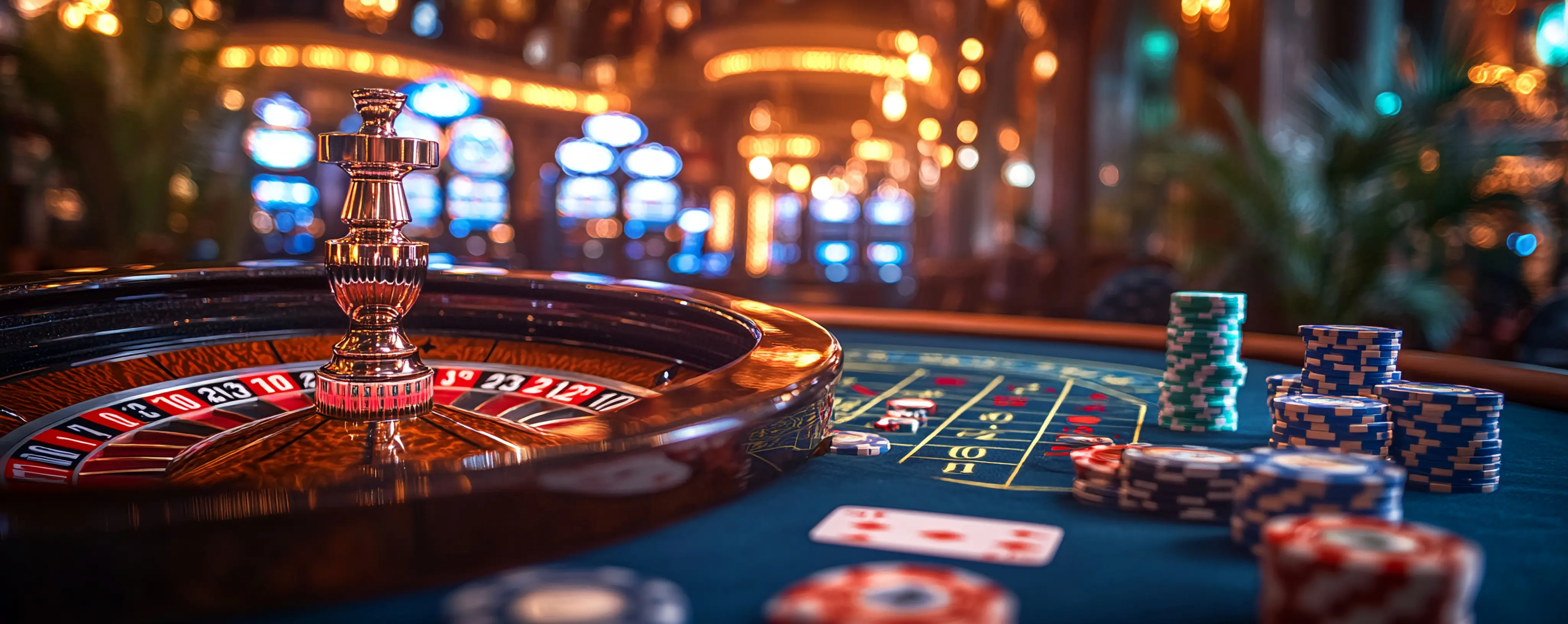 Casino roulette table under warm ambient light