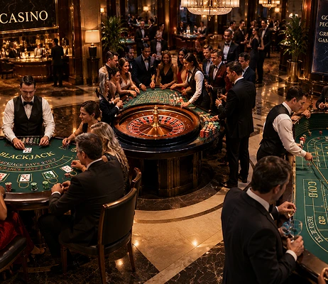 Guests gathered around a casino table at an event