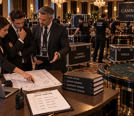 Crew breaking down casino tables after an event